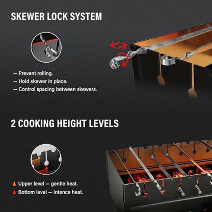 Charcoal Grill for 10 Skewers - Portable BBQ Mangal - Foldable Metal Grill for Shashlik, Kebab, Picnic, Outdoor Cooking (Skewers Not Included)