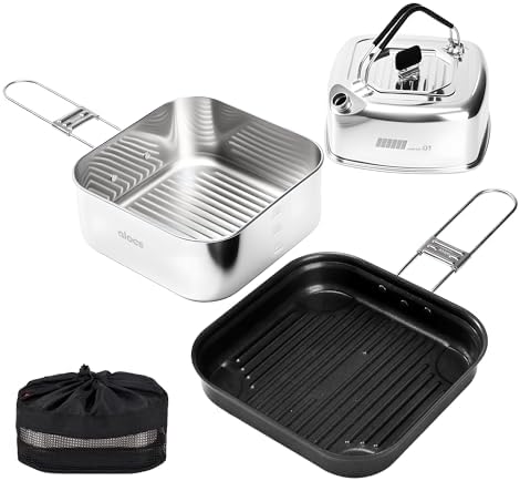 ALOCS Camping Cookware Set, Stainless Steel Pot, 7-inch Non-Stick Pan, Portable Kettle, Outdoor Cooking System with Carry Bag for Kitchen, Picnic, Hiking, Backpacking,Fishing and Campfire