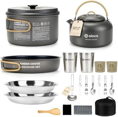 ALOCS 20pcs Camping Cookware Mess Kit, Camping Pots and Pans Set