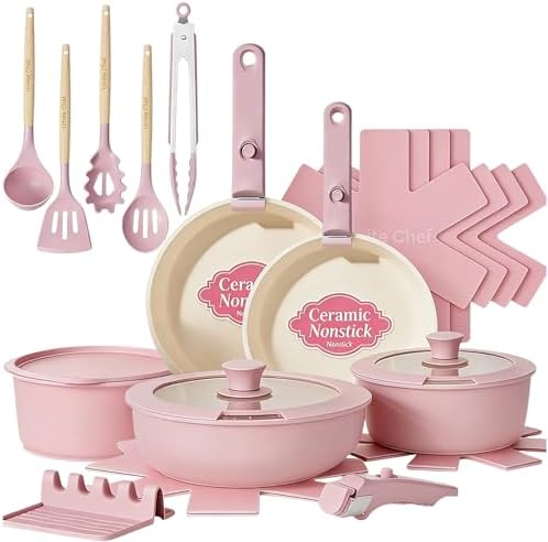 Umite Chef Pots and Pans Set Non Stick, 21 pcs Nonstick Ceramic Cookware Set, RV Kitchen Cooking Set with Detachable Handles, Oven Safe, Induction Cookware, Stackable, Pink, PFAS PFOA & PTFE Free