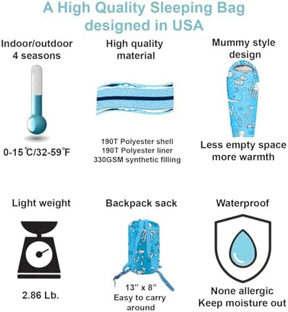 KidzAdventure Mummy Style 32 – 59F Kids Sleeping Bag with Pillow Sleeve, 4 Season, Lightweight and Backpacking Style, Ideal for Camping, Sleepover, Boys, Girls, and Youth