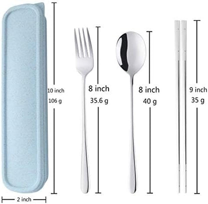 Portable Travel Flatware 3PCS Spoon Fork Chopsticks Set 18/10 Stainless Steel with Case and Bag for School Work Office lunch (Silver)