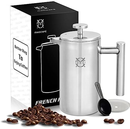 French Press Coffee Maker – Single Serve 1 Cup Small Stainless Steel Thermal Double Walled French Press 350ML/12OZ