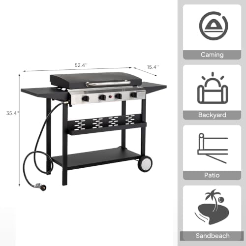 ROVSUN 4 Burner Portable Propane Griddle with Ignition, 40000 BTU Freestanding Flat Top Gas Grill with Enameled Tray, Lid, Side Shelves & Regulator for Outdoor Cooking Camping BBQ