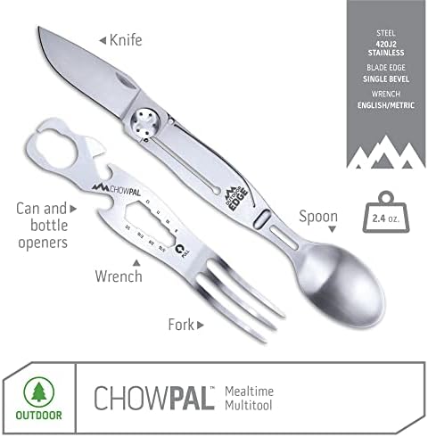 Outdoor Edge ChowPal - Mealtime Multitool with Folding Knife, Fork, Spoon, Bottle Opener, Can Opener, Graduated Wrench, and Screwdriver - 100% Stainless Steel Construction with Nylon Storage Pouch