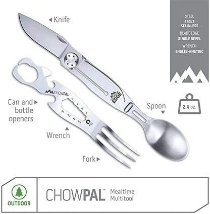 Outdoor Edge ChowPal - Mealtime Multitool with Folding Knife, Fork, Spoon, Bottle Opener, Can Opener, Graduated Wrench, and Screwdriver - 100% Stainless Steel Construction with Nylon Storage Pouch