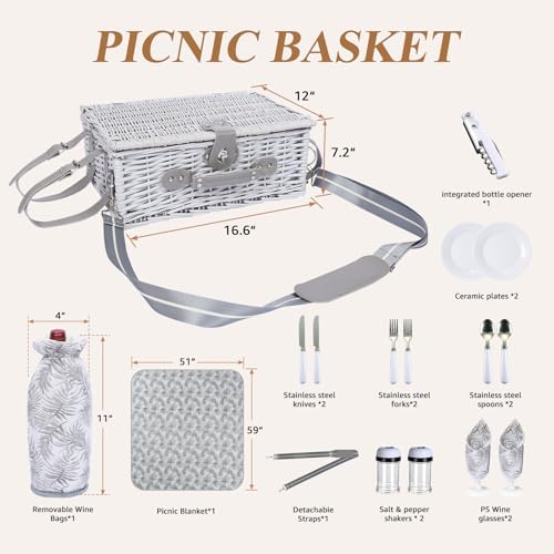Picnic Basket for 2 with Blanket and Wine Pouch for Couples
