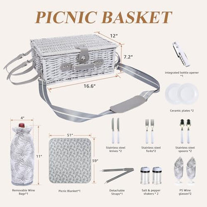 Picnic Basket for 2 with Blanket and Wine Pouch for Couples