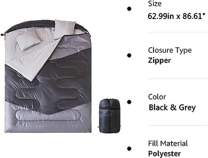 oaskys Double Sleeping Bag for Adults with 2 Pillows - Queen Size XL Waterproof Sleeping Bag for All Season Camping Hiking Backpacking 2 Person Sleeping Bags for Cold Weather & Warm