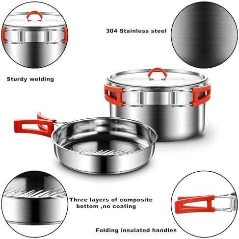 Camping Cooking Set 304 Stainless Steel Camping Pots and Pans Set