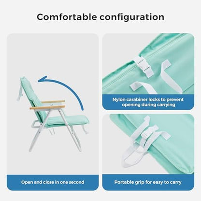 SUNNYFEEL Foldable Beach Chair, Beach Chair Backup with Wood Armrest & Cushion, Lightweight Camping Chair Heavy Duty for Beach, Camping, Lawn, Outdoor, Mint Green, 2 p