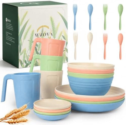 Wrova 24-Piece Plates and Bowls Sets, Wheat Straw Dinnerware Sets for 4