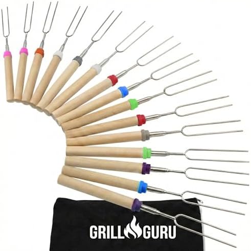 Grill Guru Smores Sticks for Fire Pit - Accessories for Campfire Marshmallow Roasting Sticks Smores Kit Outdoor-Smore Skewers Hot Dog Fork For Outside, Camping Essentials Bonfire Gear Long 32" 15 Pack