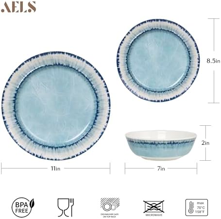 AELS Melamine Dinnerware Set of 18 Pcs Dinner Dishes Set, Lightweight Unbreakable for Indoor and Outdoor Use, BPA Free, Dishwasher Safe, Light Blue