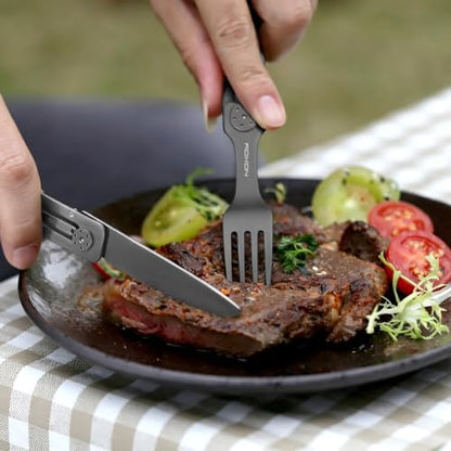 ROXON 3-in-1 Camping Utensils Set (Knife, Spoon, Fork) Titanium-Plated Grey