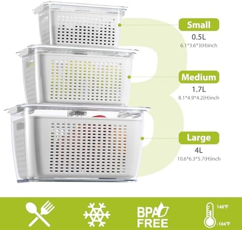LUXEAR Fresh Container, 3PACK Produce Saver Container BPA Free Fridge Organizer for Vegetable Fruit and Salad Partitioned Food Storage Container with Vents Stay Fresh Containers Not Dishwashers Safe