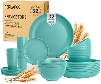 Wheat Straw Dinnerware Sets, 32 PCS Dishes Set for 8, Unbreakable Plates and Bowls Sets, Microwave Safe Dinnerware Set for Kitchen Outdoor Camping RV - Green