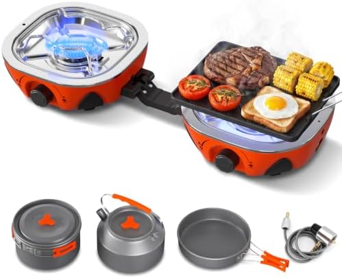 20000 BTU Propane Camping Stove with Cookware Set & Carry Bag Orange