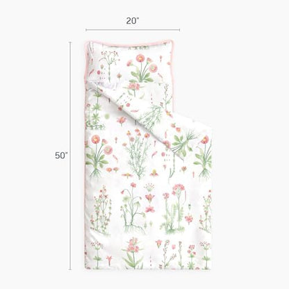 Wake In Cloud - Toddler Nap Mat with Pillow and Blanket, 100% Cotton Fabric, for Kids Girls Ages 3 Plus in Daycare Kindergarten Preschool, Sleeping Bag, Botanical Flowers