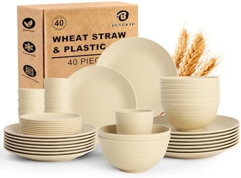40 PCS Plastic Plates and Bowls Sets, Dishware Set for 8 - Beige