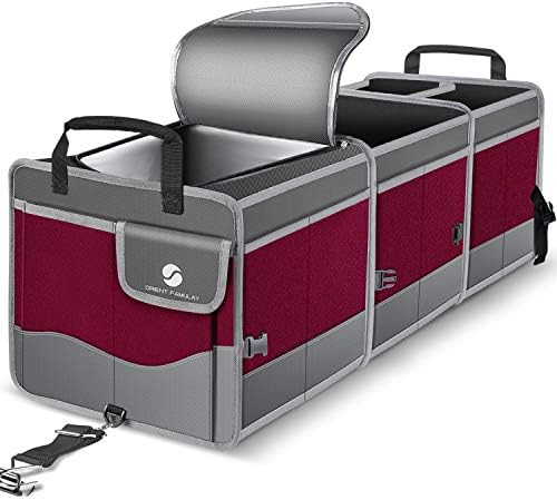 Trunk Organizer with Cooler, Collapsible Trunk Storage Container with Non Slip Bottom Strips, Large Multi-Compartment Waterproof Car Trunk Organizer Groceries for Vehicle Sedan, SUV, Van(Wine Red)