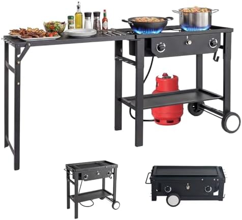 Bonnlo 2 Burner Propane Gas Stove with Work Station & Auto Ignition, 150,000 BTU Portable Camping Stove with Wheels & Regulator, Outdoor Propane Stove for Backyard Patio Cooking BBQ