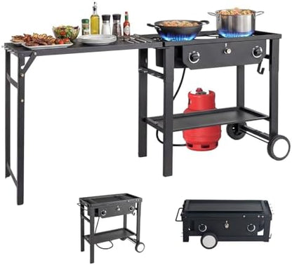 Bonnlo 2 Burner Propane Gas Stove with Work Station & Auto Ignition, 150,000 BTU Portable Camping Stove with Wheels & Regulator, Outdoor Propane Stove for Backyard Patio Cooking BBQ