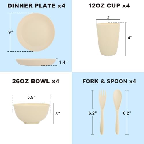Kitchen Wheat Straw Dinnerware Sets for 4, Unbreakable Kids Dish Set 20 PCS - Dinner Plate/Cereal Bowl/Cup/Fork/Spoon, for Outdoor Camping, RV, Apartment Essentials - Beige