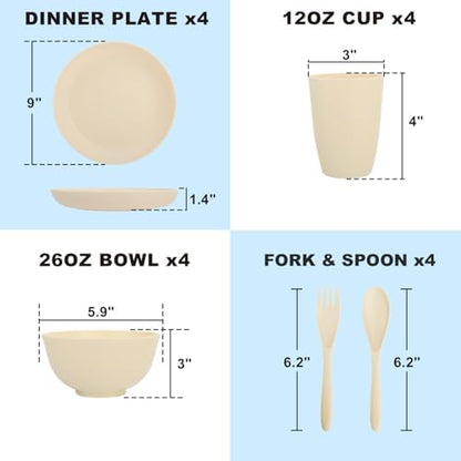 Kitchen Wheat Straw Dinnerware Sets for 4, Unbreakable Kids Dish Set 20 PCS - Dinner Plate/Cereal Bowl/Cup/Fork/Spoon, for Outdoor Camping, RV, Apartment Essentials - Beige