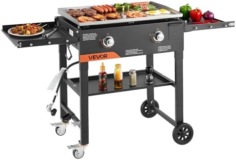 VEVOR Gas Griddle, 2-Burner Flat Top Grill, 28 inch Grill Plate Foldable Propane Griddle with Wheels, 30000 BTU Outdoor Flat Top Grills for Pan-Frying, Grilling, Stir-Frying, & BBQ, Pulse Ignition