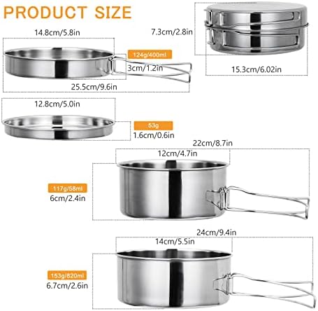 Lixada Camping Cookware Set, 4PCS Portable Stainless Steel Camp Cook Set, Lightweight Stackable Camping Pots and Pans Plate Set Camping Gear for Outdoor Backpacking Camping Hiking Picnic