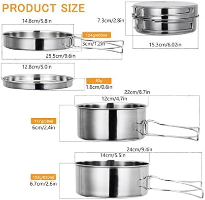 Lixada Camping Cookware Set, 4PCS Portable Stainless Steel Camp Cook Set, Lightweight Stackable Camping Pots and Pans Plate Set Camping Gear for Outdoor Backpacking Camping Hiking Picnic