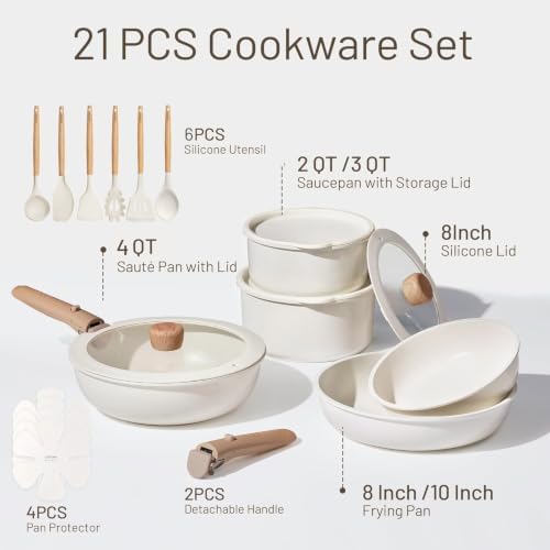 CAROTE Pots and Pans Set Non Stick, Detachable Handle Cookware, 21pcs,White