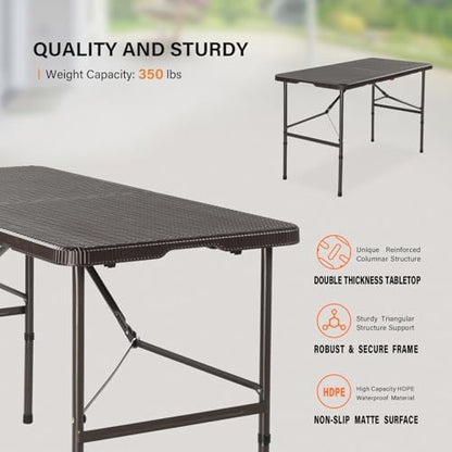 VINGLI 4 FT Plastic Folding Camping Table, Portable in/Outdoor Party Picnic Dining Desk,Garden Soccer Multipurpose Entertaining Activities, Brown
