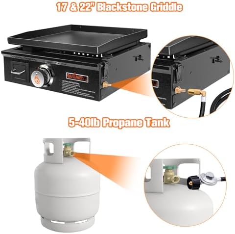 ABYDA 5 Feet Propane Regulator and Hose with Elbow Adapter for Blackstone 17 inch and 22 inch Table Top Griddle, Replacement Parts Connect to Large Propane Tank