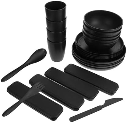 Black Cutlery Set with Case, 4 Sets Reusable PP for Picnic