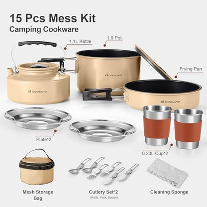 Odoland 15pcs Camping Cookware Mess Kit, Lightweight Pot Pan Kettle Set