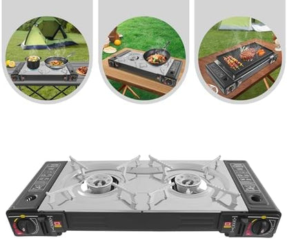 2-Burners Portable Camping Stove, with Baking Pan, Butane Camping Stove, with Case, Double Auto Ignition Camping Burner, for RV, Apartments, Outdoor, Etc