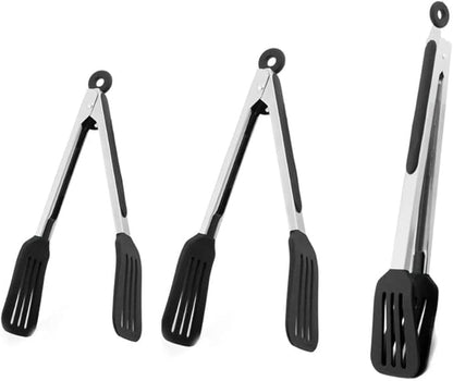 3-Piece Stainless Steel & Silicone Cooking Tongs Set - Black (7", "9", "12 inches) - Heat Resistant, Non-Stick, Locking Handle, Dishwasher Safe