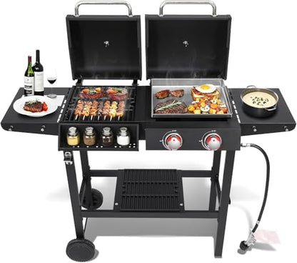 2-Burner Gas & Charcoal Combo Grill with Griddle, Black