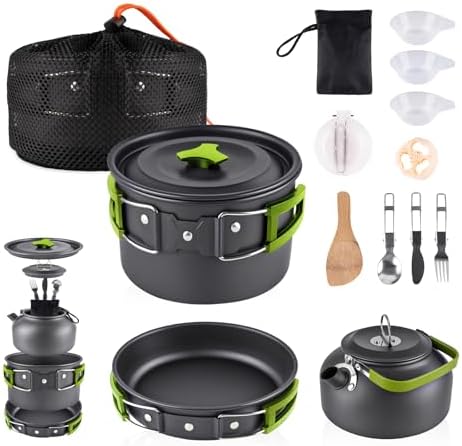aiGear Camping Cookware with Pot Pan Kettle Cutlery Tableware 1-2 People
