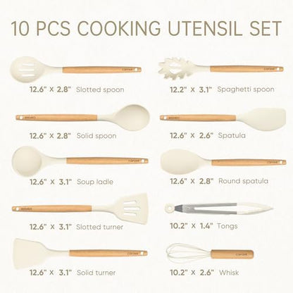 CAROTE Silicone Cooking Utensils Set, Kitchen Utensils Set 10 Pcs for cooking, BPA Free Spatula Set with Heat Resistant Wood Handles for Nonstick Cookware (Cream White) (Pack of 2)