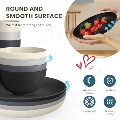 Homienly Unbreakable Wheat Straw Dinnerware Sets, Plastic Plates and Bowls Sets Alternative 20 PCS, Microwave & Dishwasher Safe Dish Set for Kitchen, Camping, Kids, Apartment, Lightweight(Grey Stone)