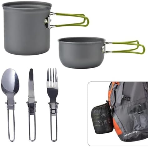 Peidesi Camping Cookware Mess Kit, Portable Camp Stove Pots and Pans Set, Carabiner, Folding Knife, Fork Spoon Kit, Carry Mesh Bag, for Backpacking