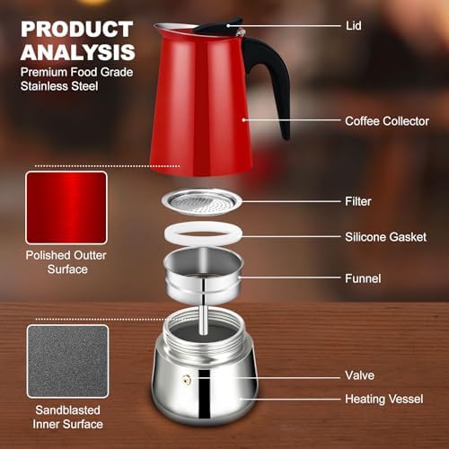 2 Cup Stovetop Espresso Maker Stainless Steel Moka Pot Stove Top Percolator Italian Coffee Makers Capable Mocha Greca Machine Cafe Classic Induction Cookers for Home and Camping 100ml 3.3oz