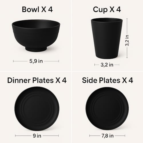 Wheat Straw Dinnerware Set for 4, 16PCS Unbreakable Plates Bowls Cups, Microwave & Dishwasher Safe Plastic Dishes, Lightweight Reusable Dinnerware for Kitchen, Camping, RV & Dorm (Black)