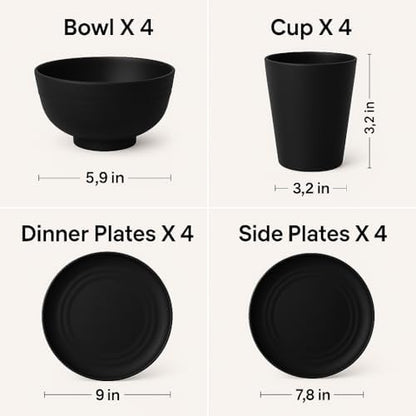 Wheat Straw Dinnerware Set for 4, 16PCS Unbreakable Plates Bowls Cups, Microwave & Dishwasher Safe Plastic Dishes, Lightweight Reusable Dinnerware for Kitchen, Camping, RV & Dorm (Black)