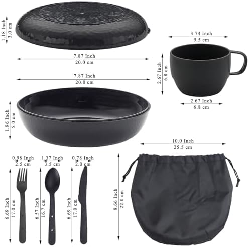 Berglander Camping Mess Kit with Bowl, Plate, Cup, Spoon, Fork, Knife and Carry Bag, Plastic Camping Accessories Essentials Gear for Travel, Camping, Picnic, Outdoor, Easy to Carry & Store