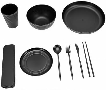 POCREATION Dinnerware Set Service for 4 Microwave Safe Dishwasher Safe Plates Bowls Set Reusable PP Cutlery for Travel Camping Picnics