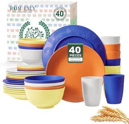 Homienly 40-Piece Wheat Straw Dinnerware Sets, Unbreakable Reusable Dinnerware Set, Service for 8, Kitchen Cups Plates and Bowls Set, Dishwasher Microwave Safe Dishes Set for Camping, Party - Mondrian